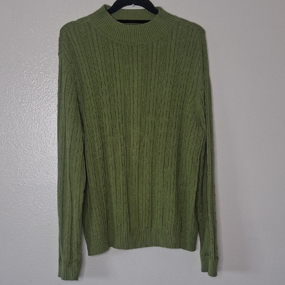 Studio Works Sweater Womens Cable Knit Mock Neck Pullover Green Ribbed Sz Large